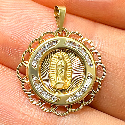 14K Yellow Gold Round CZ Guadalupe Pendant 0.8"