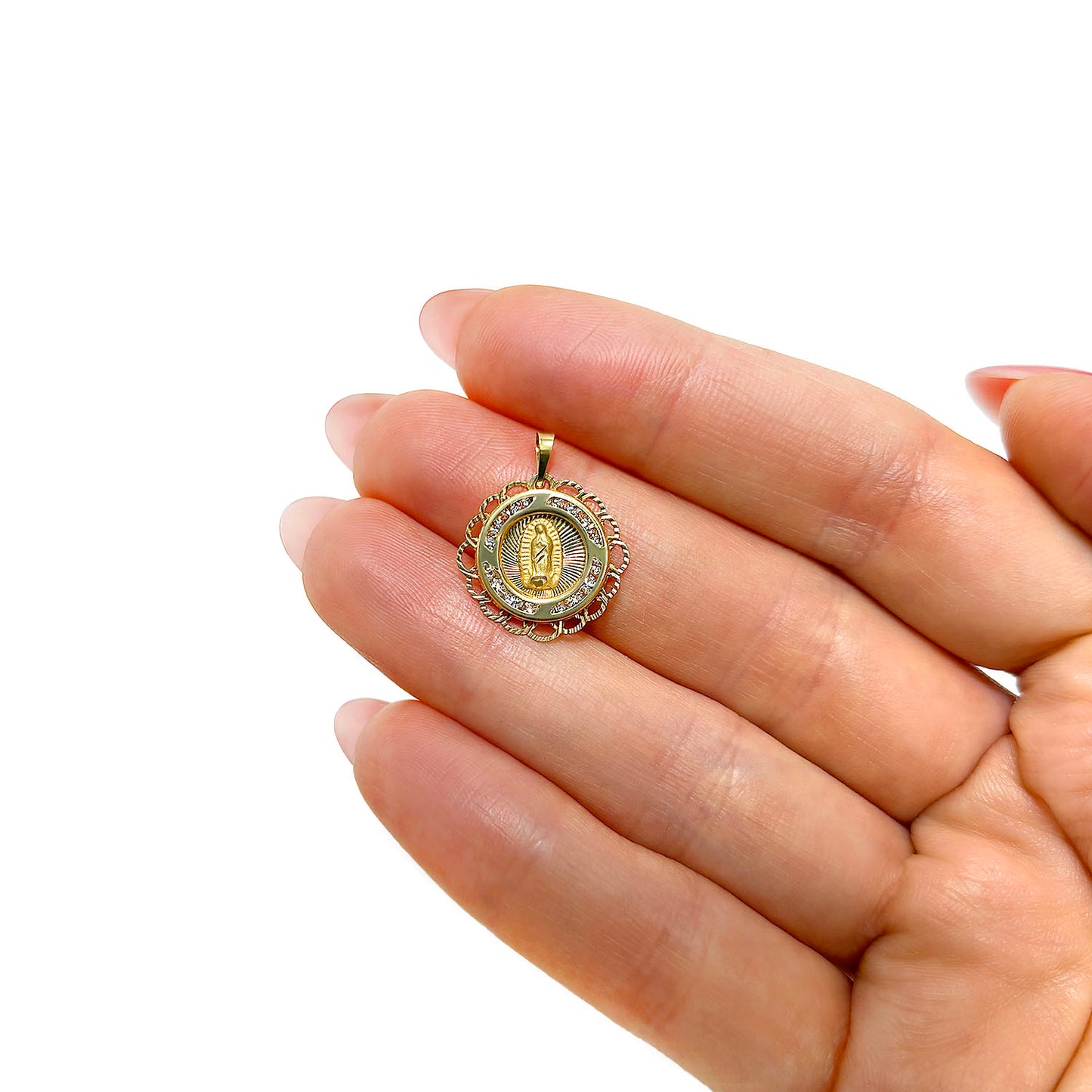 14K Yellow Gold Round CZ Guadalupe Pendant 0.8"