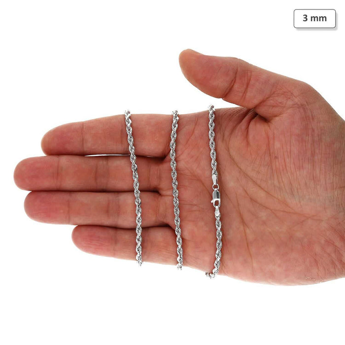 14K White Gold 3mm Diamond-Cut Rope Chain (Solid Links) 16"-30"