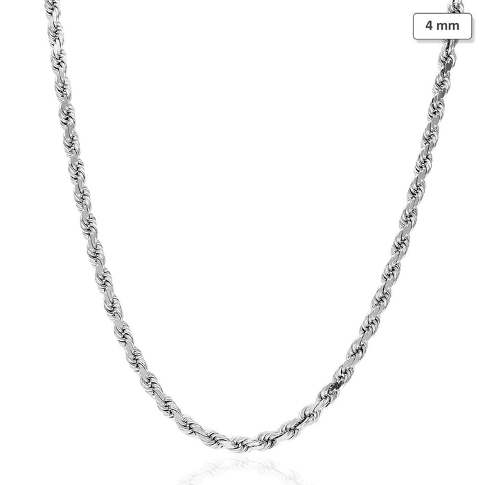 14K White Gold 4mm Diamond-Cut Rope Chain (Solid Links) 16"-30"
