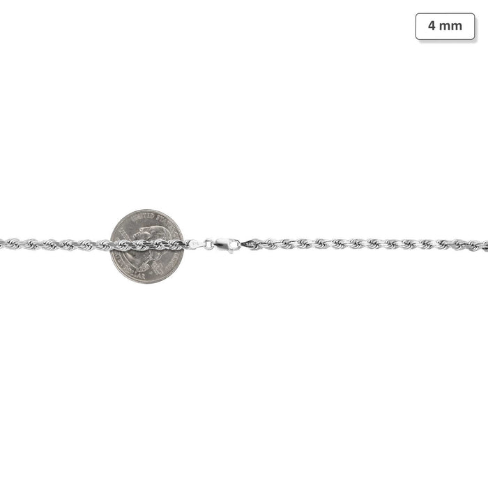 14K White Gold 4mm Diamond-Cut Rope Chain (Solid Links) 16"-30"