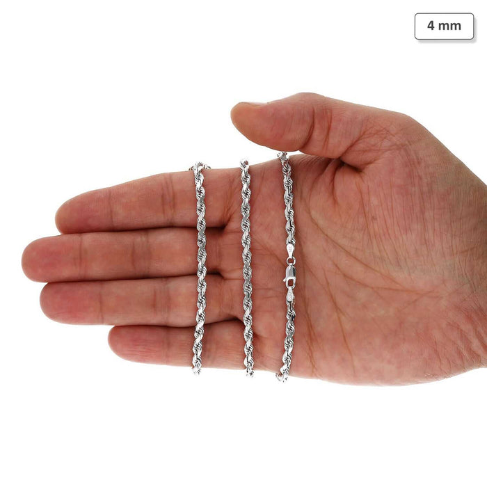14K White Gold 4mm Diamond-Cut Rope Chain (Solid Links) 16"-30"
