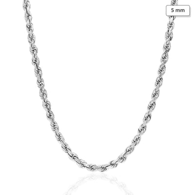 14K White Gold 5mm Diamond-Cut Rope Chain (Solid Links) 18"-30"