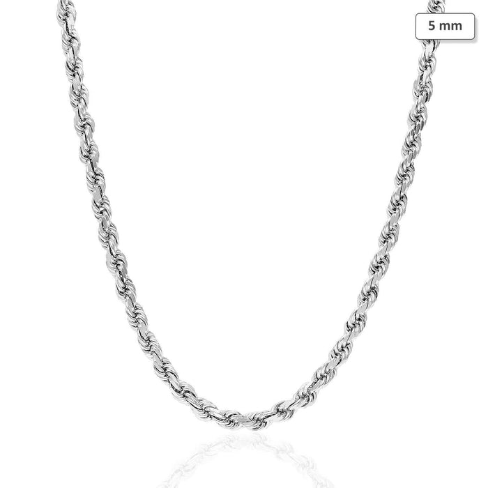14K White Gold 5mm Diamond-Cut Rope Chain (Solid Links) 18"-30"