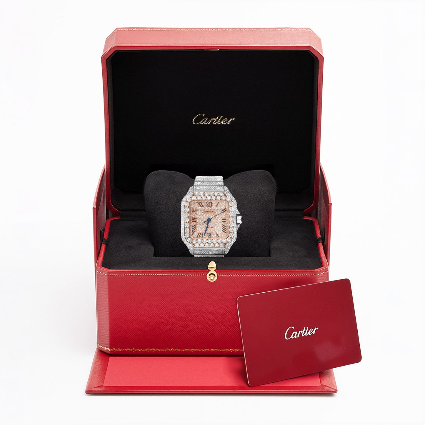 NEW 16TCW Natural Diamond Cartier Santos Large 40mm Full Pave Roman Dial Men's Watch