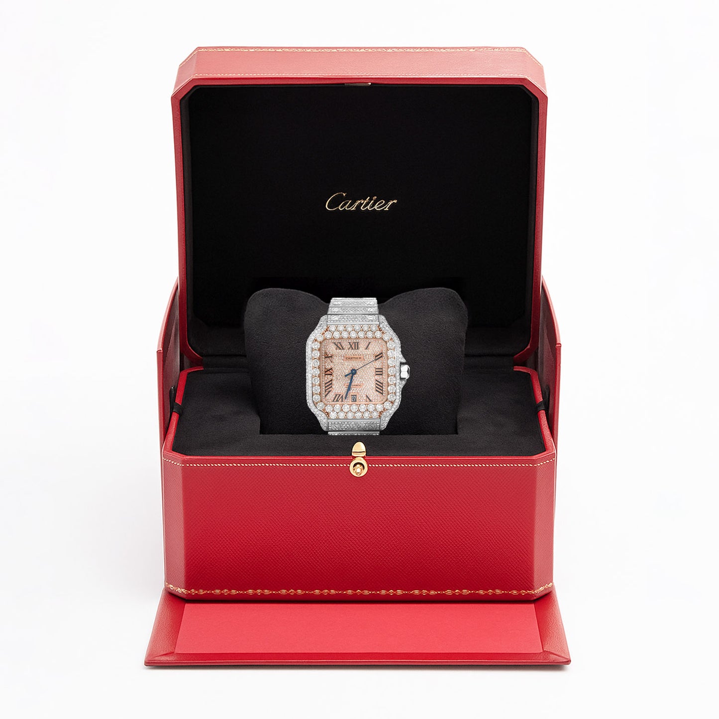 NEW 16TCW Natural Diamond Cartier Santos Large 40mm Full Pave Roman Dial Men's Watch