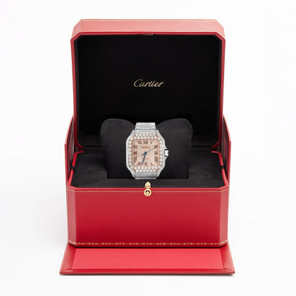 NEW 16TCW Natural Diamond Cartier Santos Large 40mm Full Pave Roman Dial Men's Watch