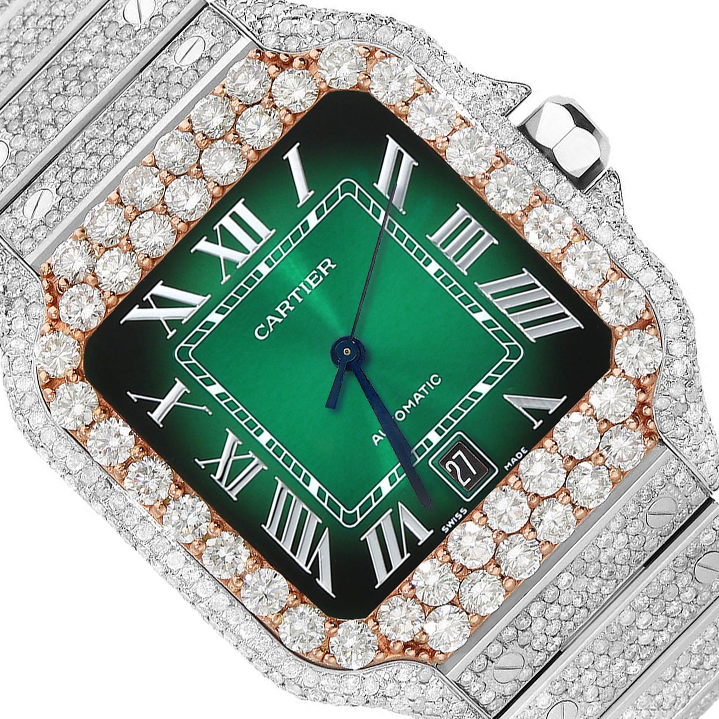 NEW 13TCW Natural Diamond Cartier Santos Large 40mm Pave Roman Green Dial Men's Watch