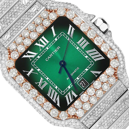 NEW 13TCW Natural Diamond Cartier Santos Large 40mm Pave Roman Green Dial Men's Watch