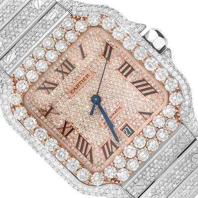 NEW 16TCW Natural Diamond Cartier Santos Large 40mm Full Pave Roman Dial Men's Watch