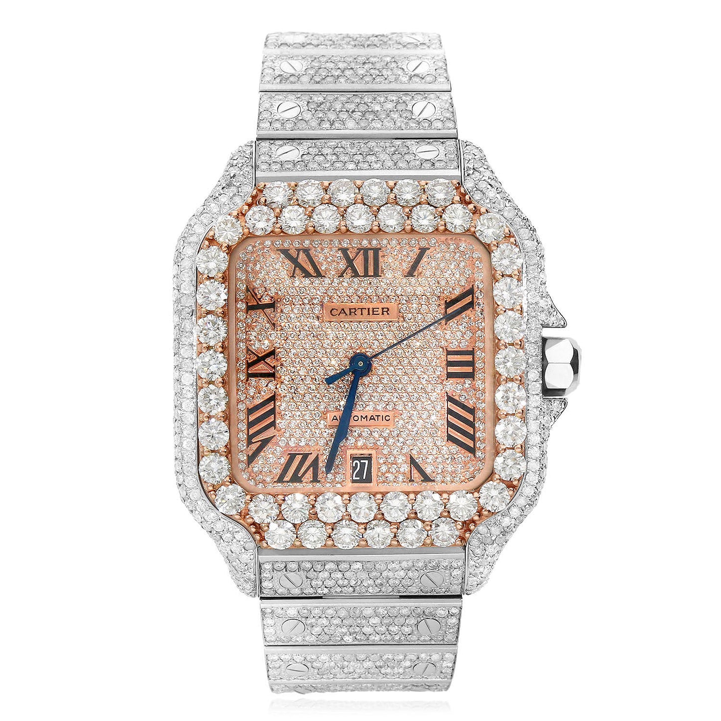 NEW 16TCW Natural Diamond Cartier Santos Large 40mm Full Pave Roman Dial Men's Watch