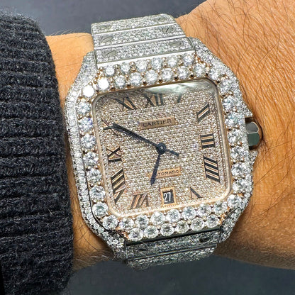 NEW 16TCW Natural Diamond Cartier Santos Large 40mm Full Pave Roman Dial Men's Watch
