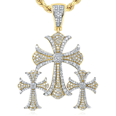 1.50CTW Natural Diamond 10K Yellow Gold Triple Cross Pendant 1.8"