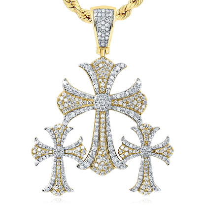 1.50CTW Natural Diamond 10K Yellow Gold Triple Cross Pendant 1.8"