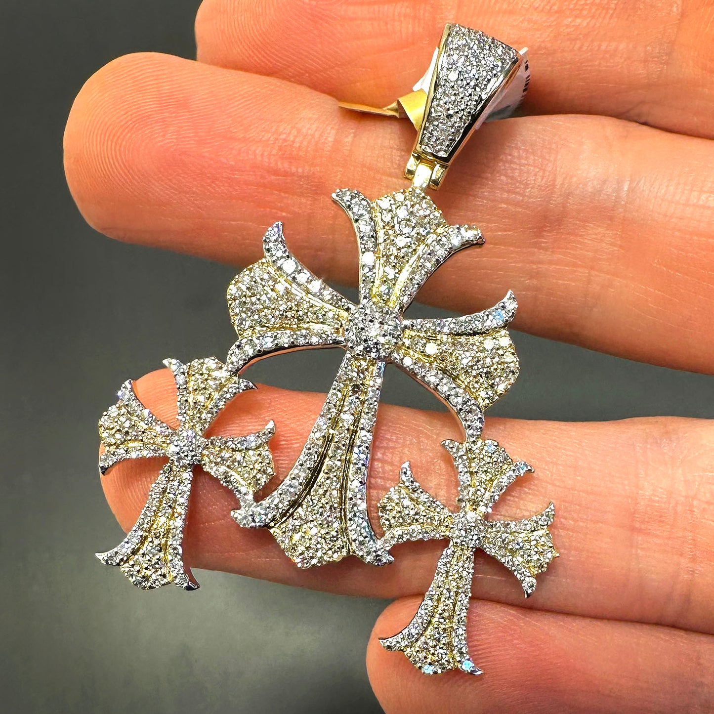 1.50CTW Natural Diamond 10K Yellow Gold Triple Cross Pendant 1.8"