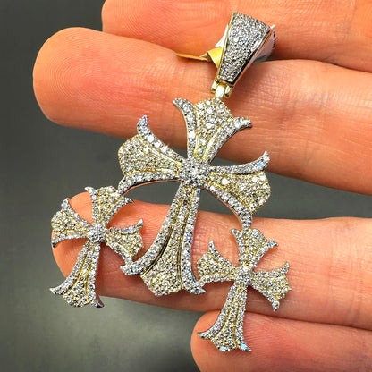 1.50CTW Natural Diamond 10K Yellow Gold Triple Cross Pendant 1.8"