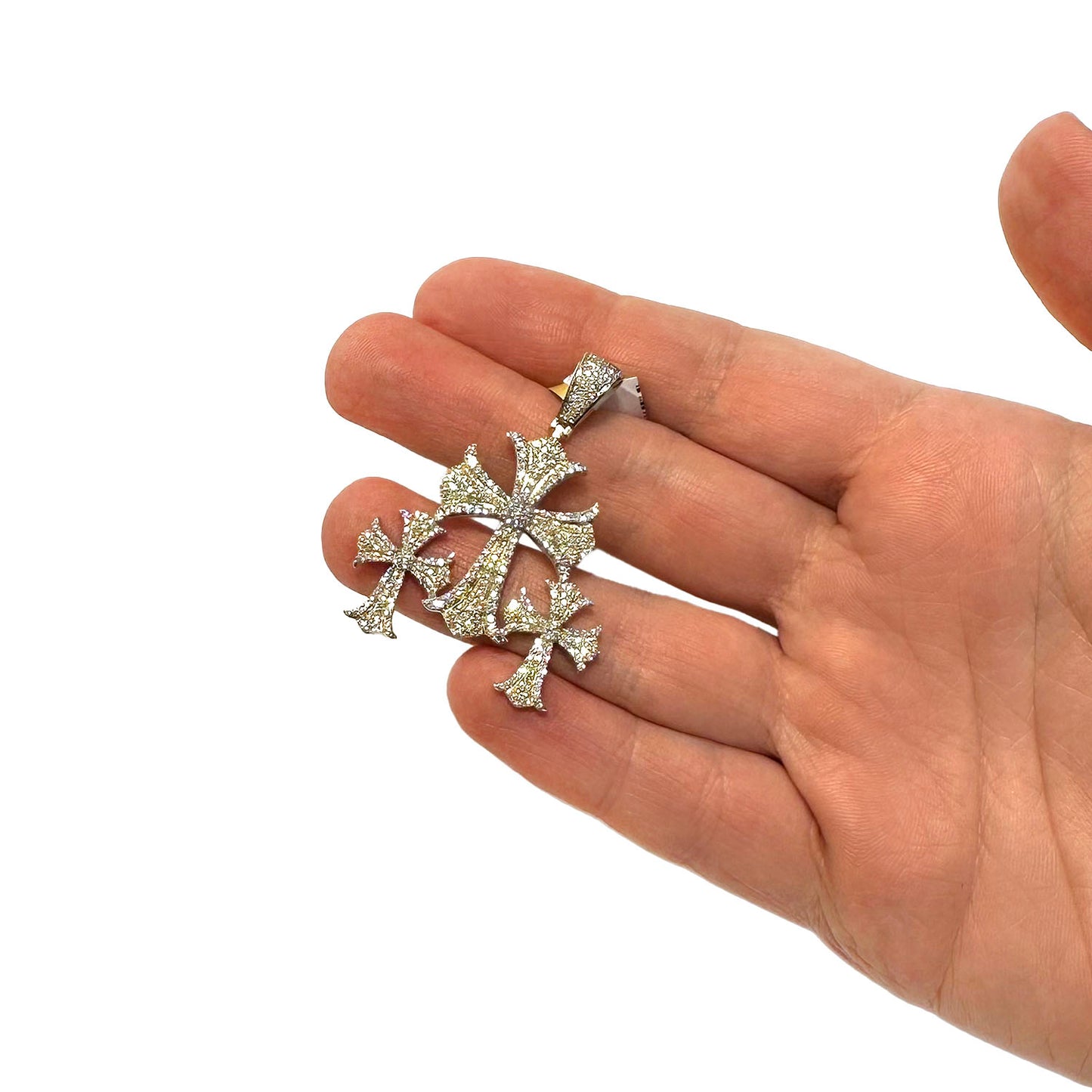 1.50CTW Natural Diamond 10K Yellow Gold Triple Cross Pendant 1.8"