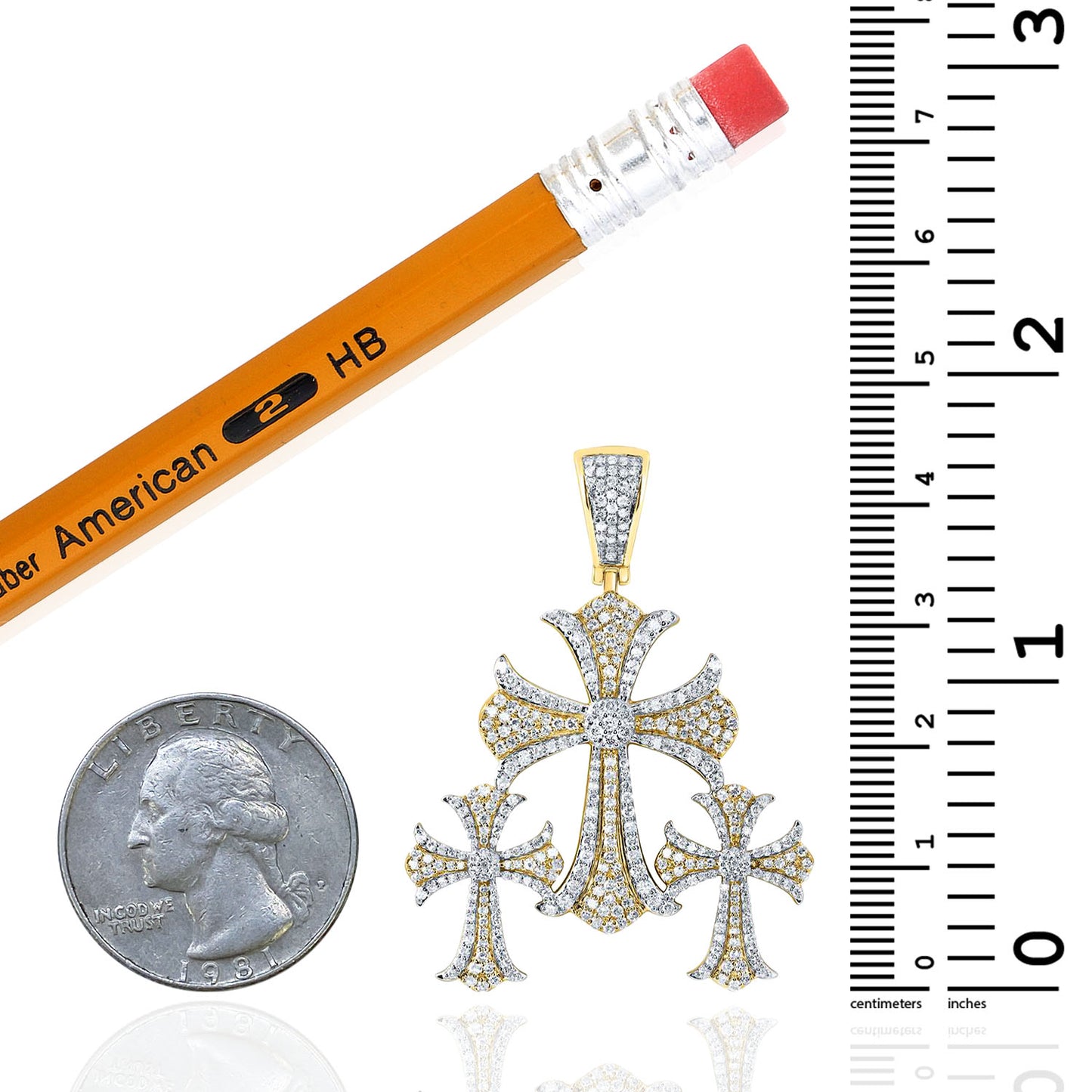 1.50CTW Natural Diamond 10K Yellow Gold Triple Cross Pendant 1.8"