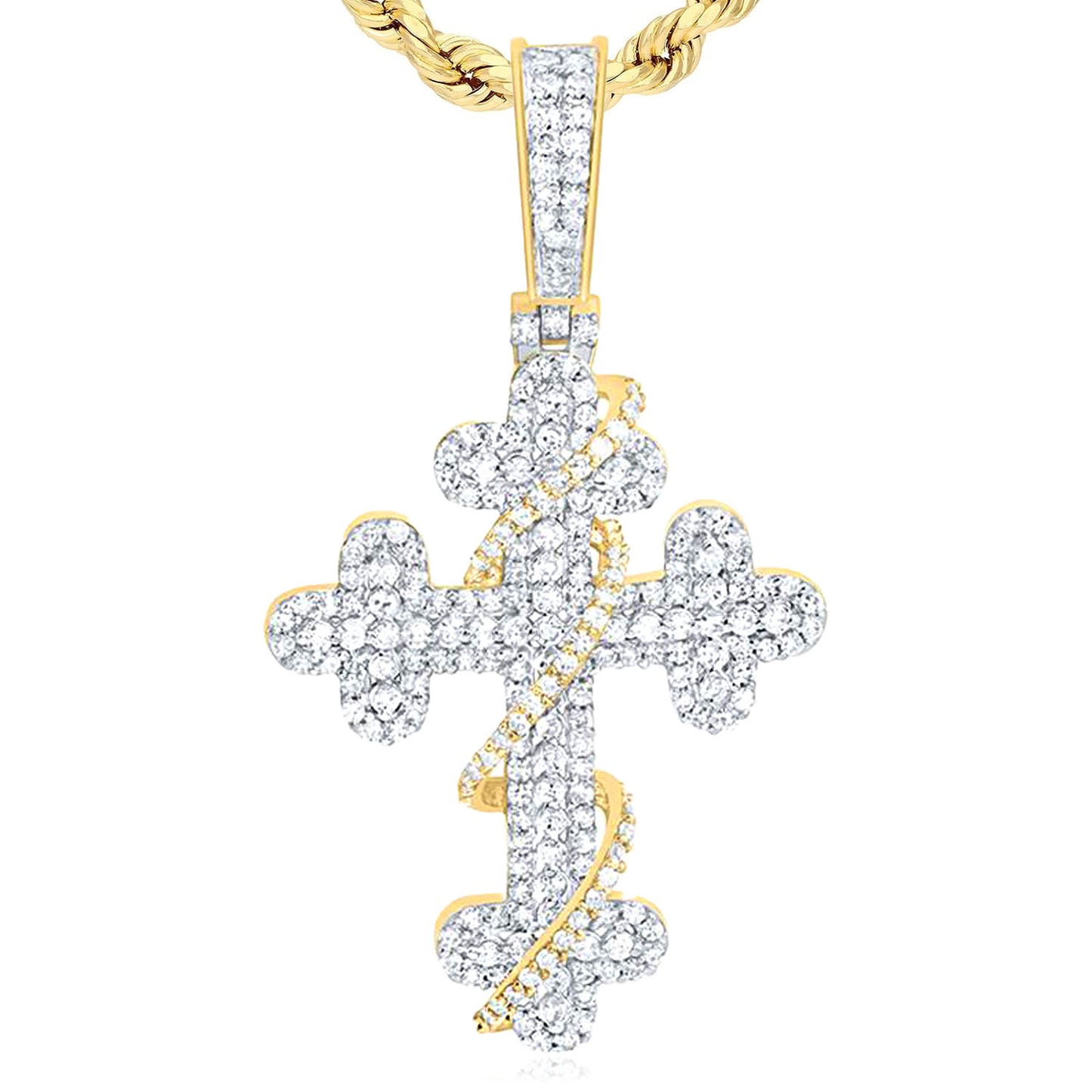 1.50TCW Natural Diamond 10K Yellow Gold Cross Pendant 1.6"