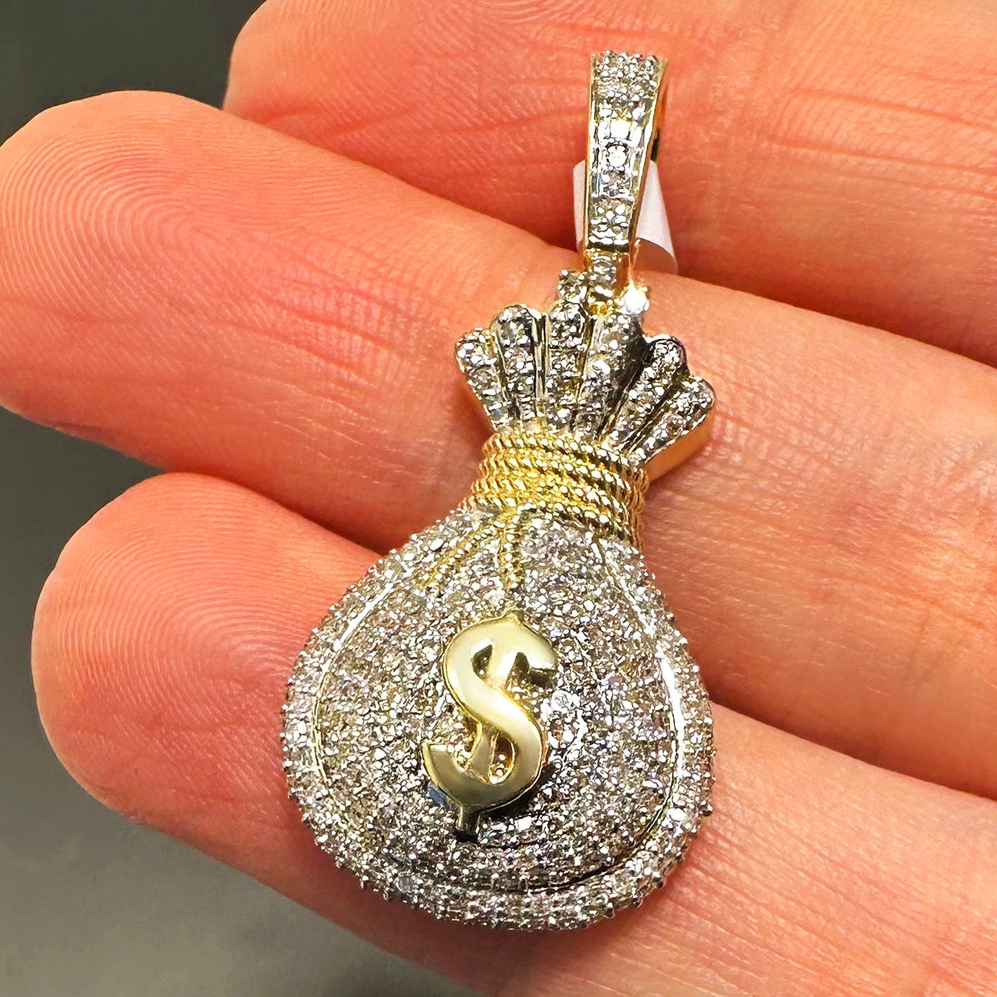 0.60CTW Natural Diamond 10K Yellow Gold Money Bag Pendant 1.5"