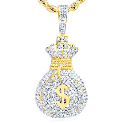 0.60CTW Natural Diamond 10K Yellow Gold Money Bag Pendant 1.5"