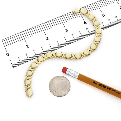 14K Yellow Gold Over Sterling Silver Hugs Kisses XO Bracelet (Hollow) 7" 7.5"