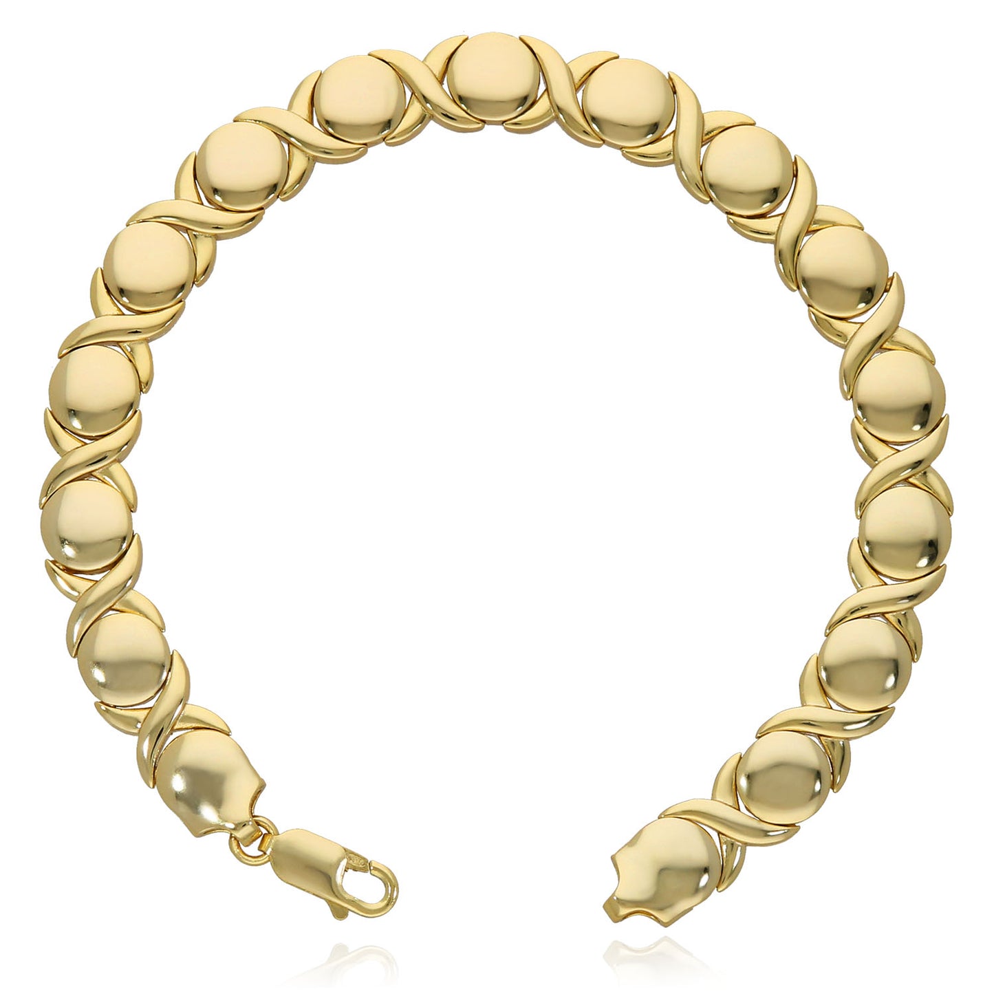 14K Yellow Gold Over Sterling Silver Hugs Kisses XO Bracelet (Hollow) 7" 7.5"
