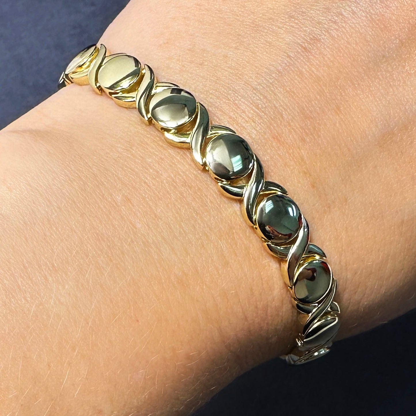 14K Yellow Gold Over Sterling Silver Hugs Kisses XO Bracelet (Hollow) 7" 7.5"