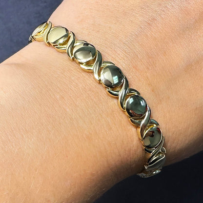 14K Yellow Gold Over Sterling Silver Hugs Kisses XO Bracelet (Hollow) 7" 7.5"
