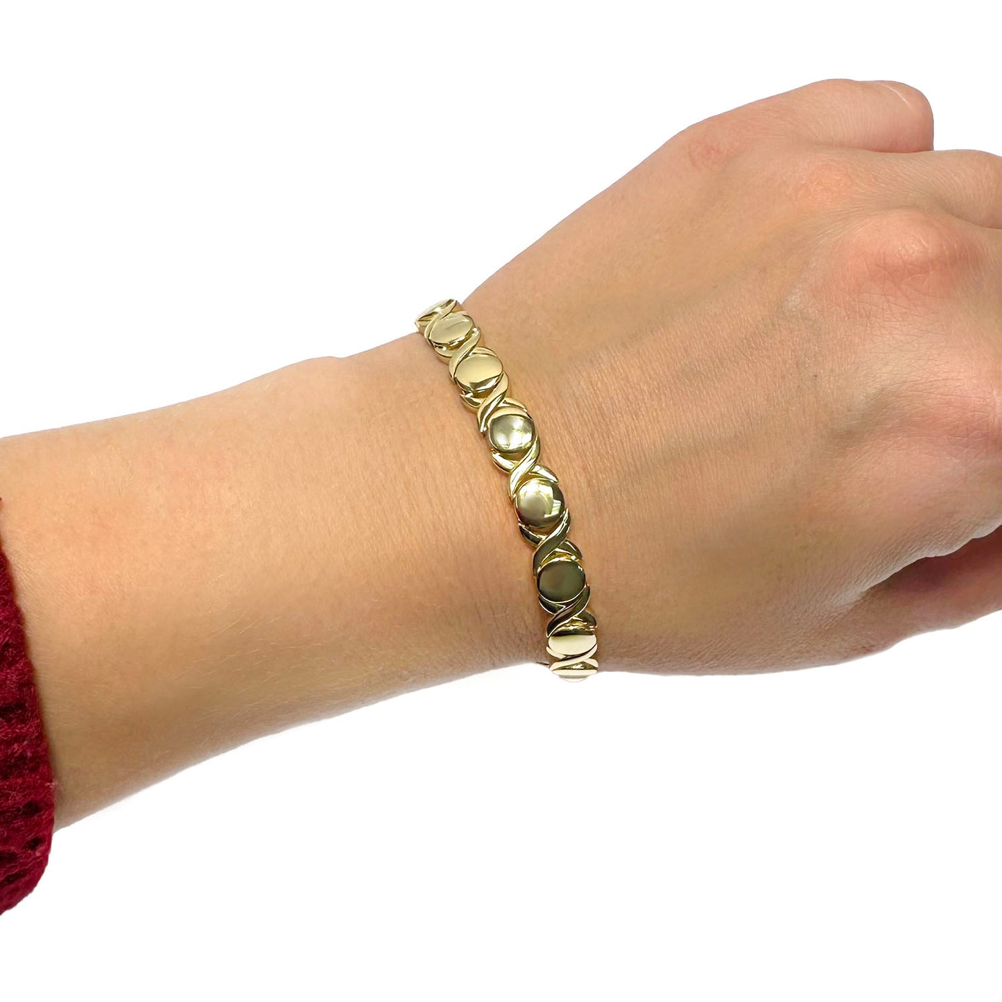 14K Yellow Gold Over Sterling Silver Hugs Kisses XO Bracelet (Hollow) 7" 7.5"