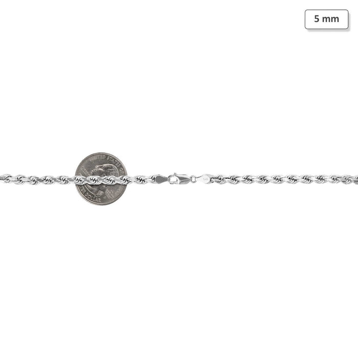 14K White Gold 5mm Diamond-Cut Rope Chain (Solid Links) 18"-30"