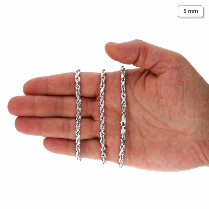 14K White Gold 5mm Diamond-Cut Rope Chain (Solid Links) 18"-30"