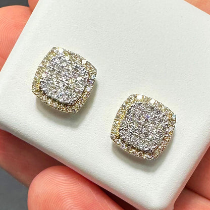 0.50CTW Natural Diamond 10K Yellow Gold Square Cushion Cluster Stud Earrings 10mm