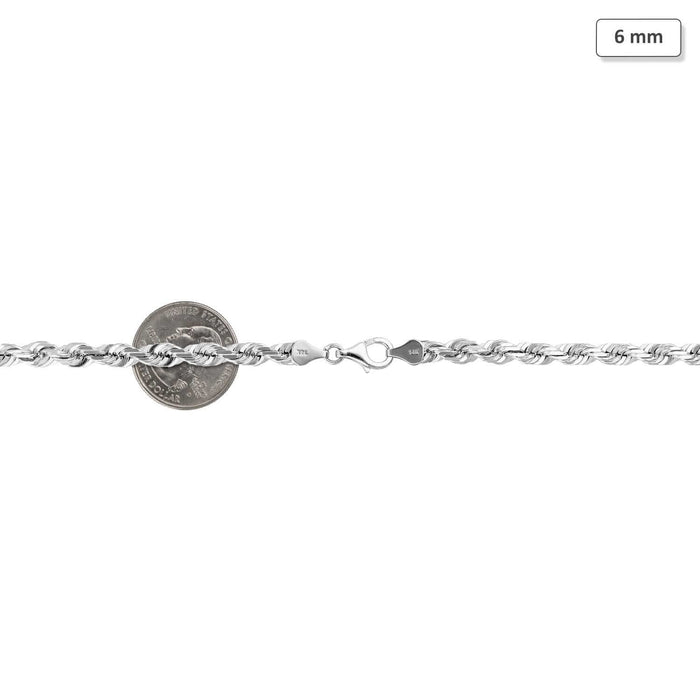 14K White Gold 6mm Diamond-Cut Rope Chain (Solid Links) 22"-30"