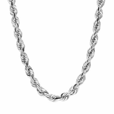 14K White Gold 7mm Diamond-Cut Rope Chain (Solid Links) 24"-30"