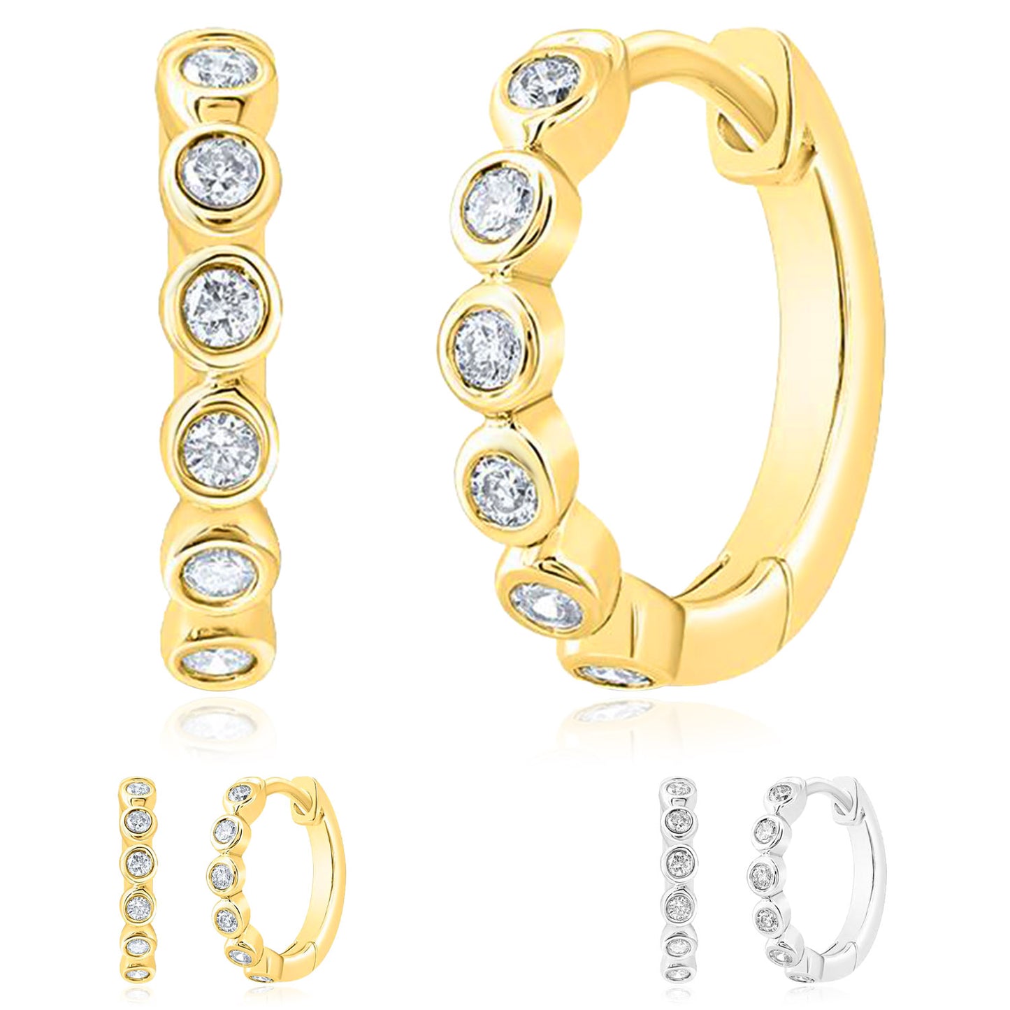 0.10CTW Natural Diamond 10K Yellow White Gold Round Huggie Hoop Earrings 10mm