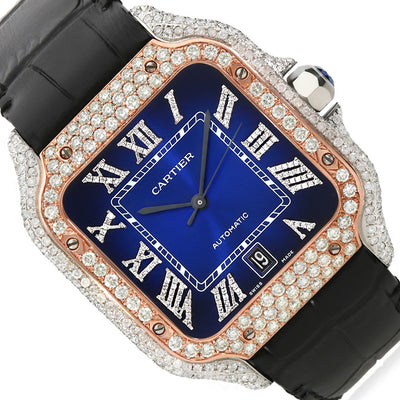 NEW 3.50TCW Natural Diamond Cartier Santos Large 40mm Pave Roman Blue Dial Men's Watch