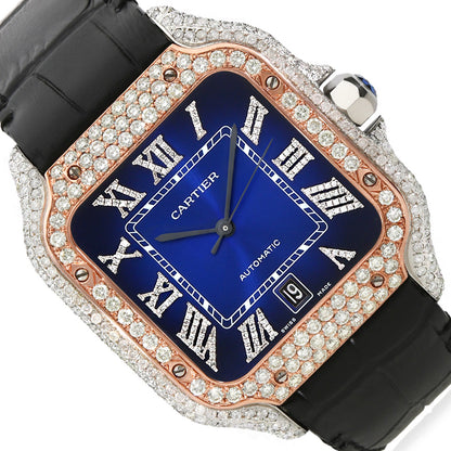 NEW 3.50TCW Natural Diamond Cartier Santos Large 40mm Pave Roman Blue Dial Men's Watch