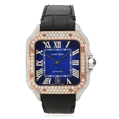 NEW 3.50TCW Natural Diamond Cartier Santos Large 40mm Pave Roman Blue Dial Men's Watch