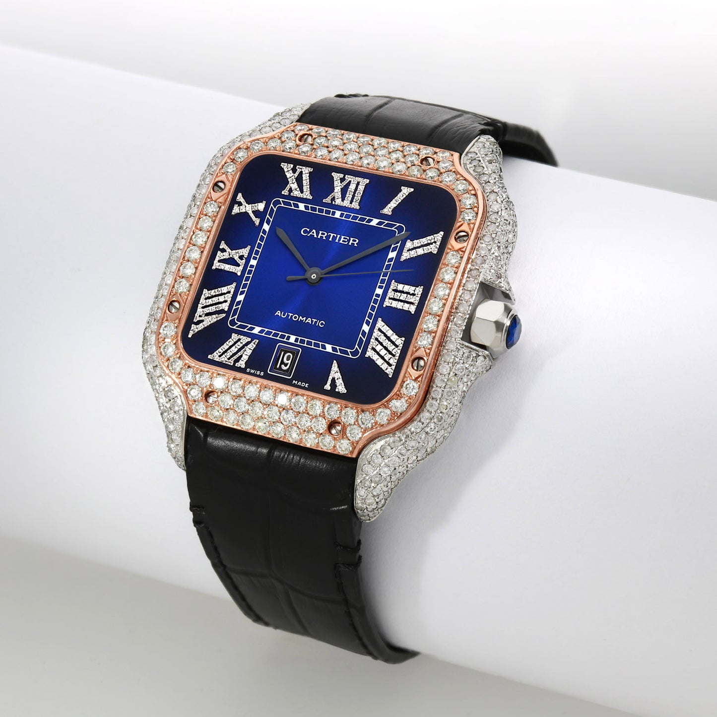 NEW 3.50TCW Natural Diamond Cartier Santos Large 40mm Pave Roman Blue Dial Men's Watch
