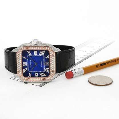 NEW 3.50TCW Natural Diamond Cartier Santos Large 40mm Pave Roman Blue Dial Men's Watch