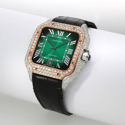 NEW 3.25TCW Natural Diamond Cartier Santos Large 40mm Pave Roman Green Dial Men's Watch