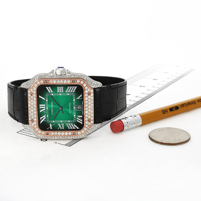 NEW 3.25TCW Natural Diamond Cartier Santos Large 40mm Pave Roman Green Dial Men's Watch