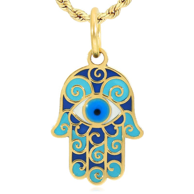 10K Yellow Gold Blue Enamel Hamsa Hand Evil Eye Pendant 0.9"