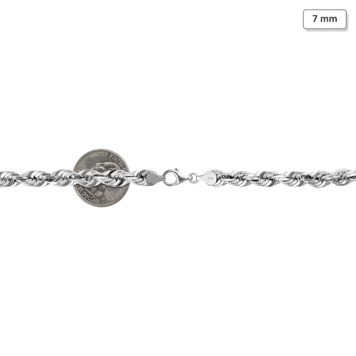14K White Gold 7mm Diamond-Cut Rope Chain (Solid Links) 24"-30"