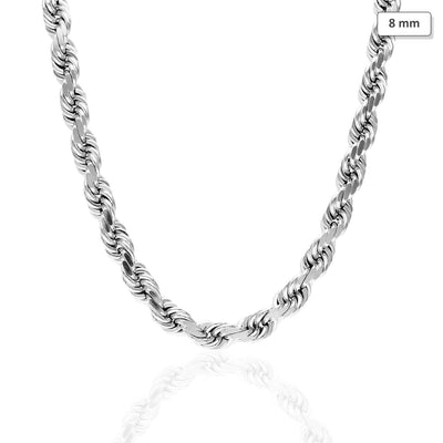 14K White Gold 8mm Diamond-Cut Rope Chain (Solid Links) 20"-28"
