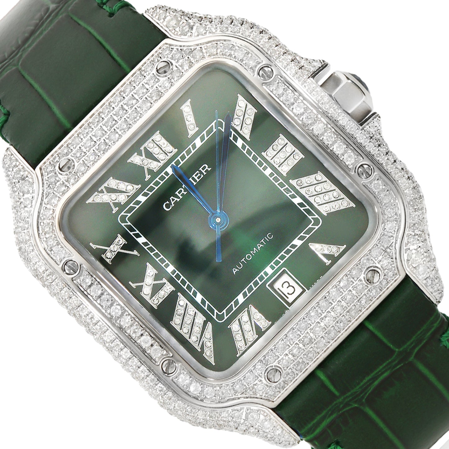 NEW 5TCW Natural Diamond Cartier Santos Large 40mm Pave Roman Green Dial Men's Watch