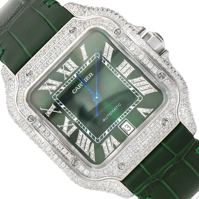 NEW 5TCW Natural Diamond Cartier Santos Large 40mm Pave Roman Green Dial Men's Watch