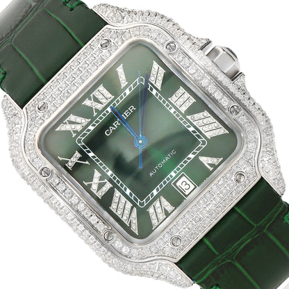 NEW 5TCW Natural Diamond Cartier Santos Large 40mm Pave Roman Green Dial Men's Watch