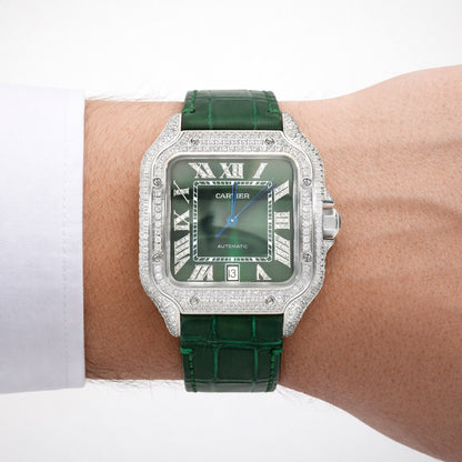 NEW 5TCW Natural Diamond Cartier Santos Large 40mm Pave Roman Green Dial Men's Watch